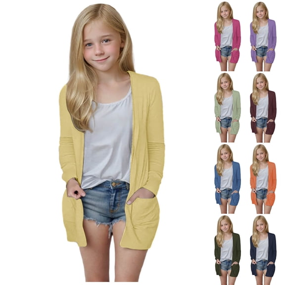 BXINGOHAI Girl's Open Front Cardigan Long Sleeve Sweaters Kids Solid Cute Casual Loose Outerwear Coats with Pockets Orange 11 Years