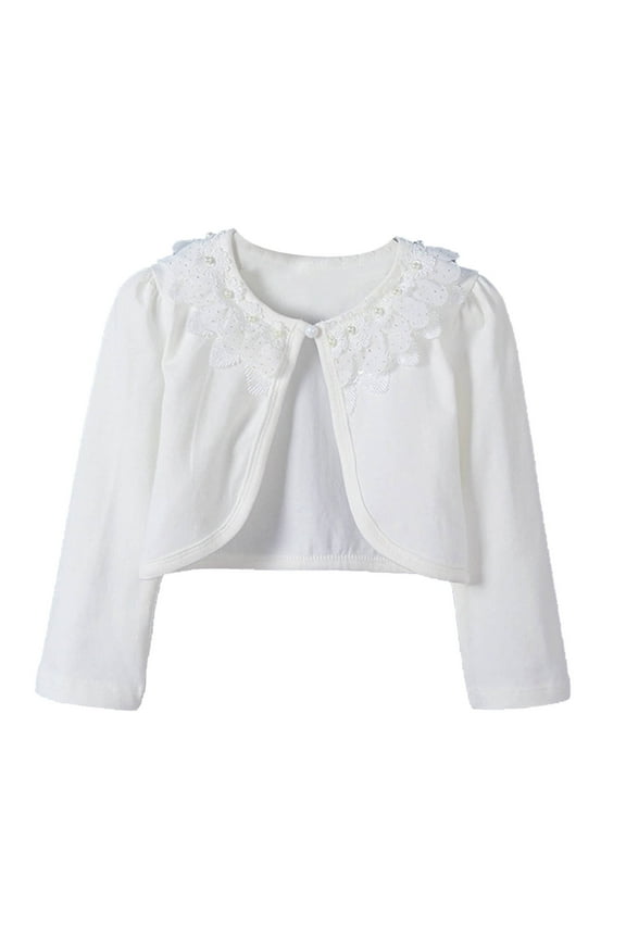 Girl's Shrug Cotton Sweaters Long Sleeve Lace Bolero Cardigan Shrug Button Open Front Dress Cover Up Sale White,2-3 Years