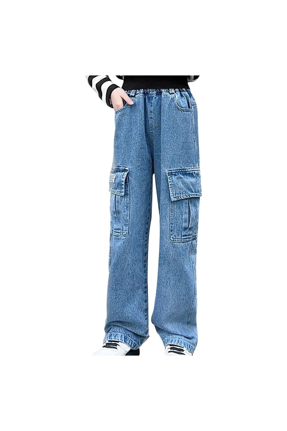 Girl's Wide Leg Jean Elastic Waist Denim Pants Loose Fit Baggy Long Pants Fashion Streetwear Jeans With Multi Pockets Today Sales Blue,12 Years