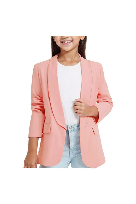 Girls Blazer Jacket formal Long Sleeve Shawl Collar Suit Open Front Inner Pocket formal Blazers for Childrens Pink,110
