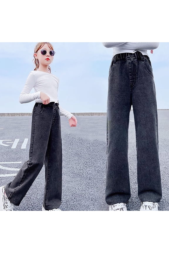 Girls Wide Leg Jeans Elastic Waist Loose Fit Baggy Denim Pants Kids Casual Ripped Jean Today Sales Blue,160