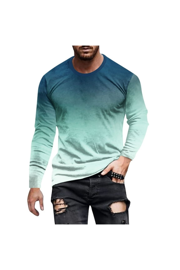 Gradient Pullover T Shirts for Men Big and Tall Crewneck Long Sleeve Tops Lightweight Loose Fit Shirt Outdoor Vacation Travel Tees Green,XL