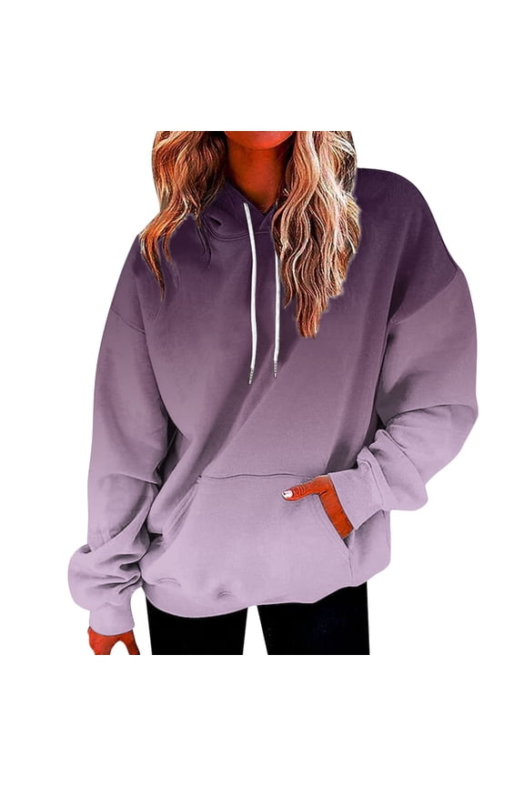 Hoodie Tops for Women Casual Fall Long Sleeve Tie Dye Gradient Printed Drawstring Hooded Pullover Sweatshirts Loose Lightweight Cozy Blouse Today Purple,XXXL