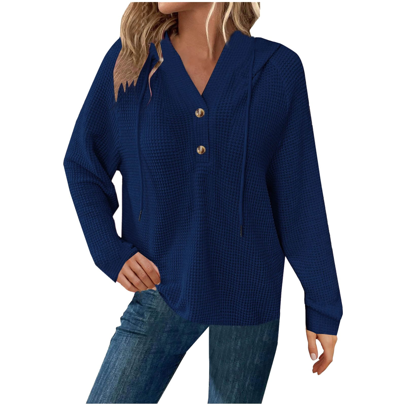 Ahdbta Hoodies For Womens Waffle Knit Long Sleeve Drawstring Pullover Sweatshirts Button V Neck Casual Hooded Blouses - View #8