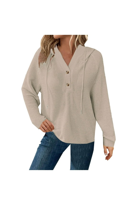 Hoodies for Women Waffle Knit Drawstring Button V Neck Long Sleeve Casual Pullover Sweatshirt Hooded Tops Beige,XS