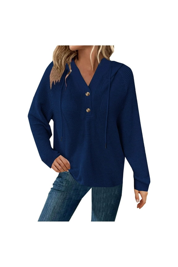 Hoodies for Women Waffle Knit Drawstring Button V Neck Long Sleeve Casual Pullover Sweatshirt Hooded Tops Today Navy,XS