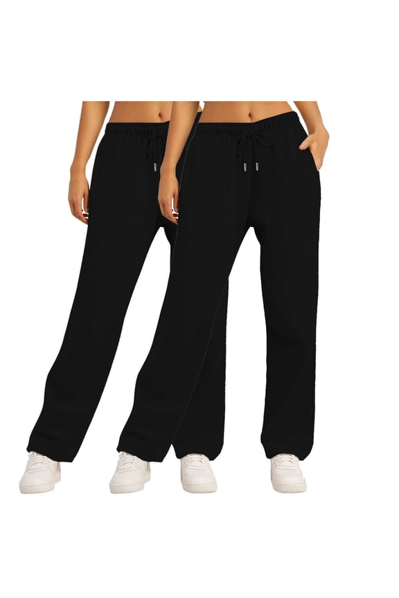 Joggers Pants for Women 2 Pack Fleece Sweatpants Drawstring Lightweight Elastic Waist Sweatpant Lounge Pants Loose Fit Solid Pajama Pants Black,M