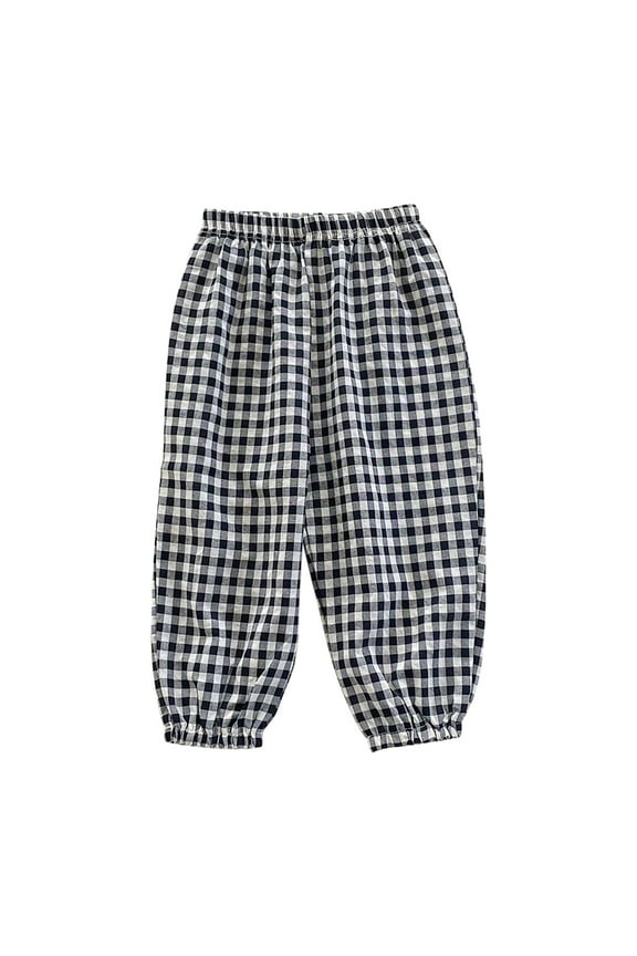 Kids Cotton Linen Bloomers Cute Plaid Long Pants Girls Boys Elastic Waist Pants 2024 Casual Loungwear Pants Today Black,7 Years