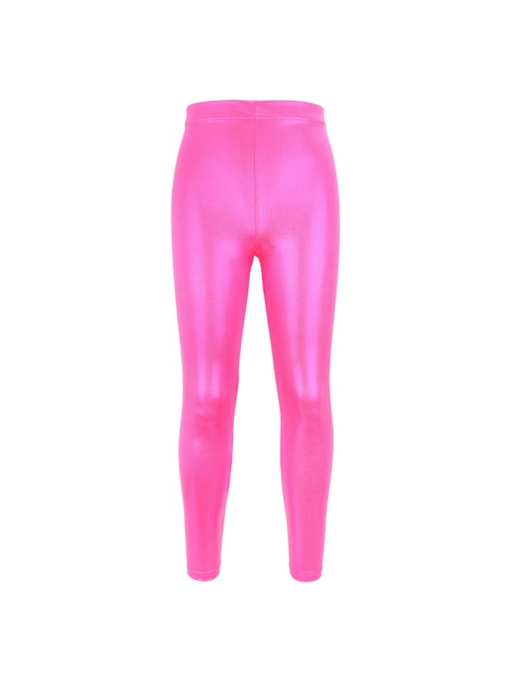 Kids Girls Dance Pants Gymnastic Shiny Metallic Leggings Skinny Active Tights for Performances Costume under 5 Hot Pink,4-5 Years