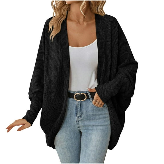 BXINGOHAI Knit Solid Cardigan for Women Batwing Long Sleeve Coat Loose Open Front Sweater Fall Winter Casual Outdoor Coats Today Black,L