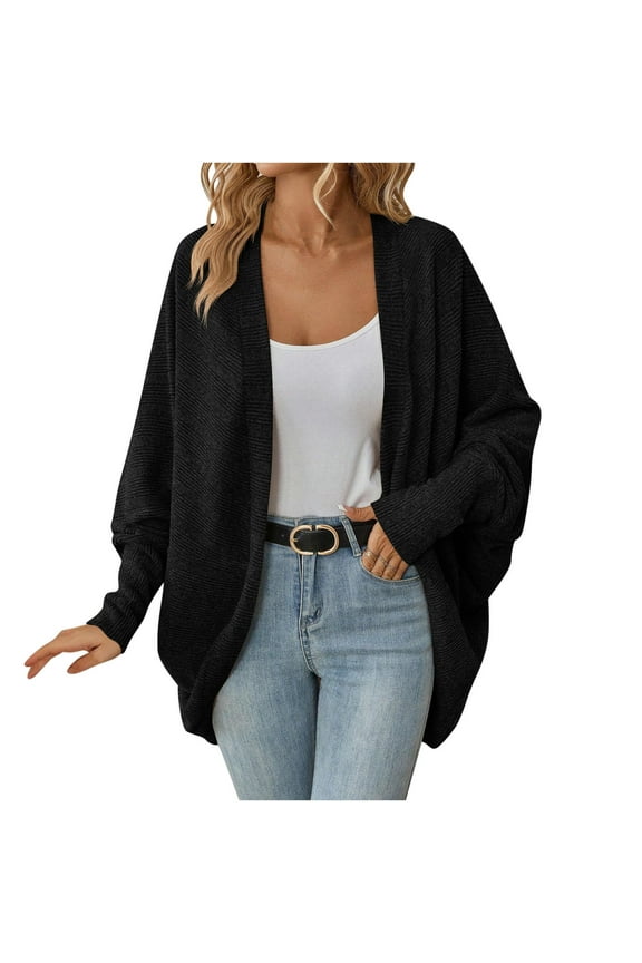 Knit Solid Cardigan for Women Batwing Long Sleeve Coat Loose Open Front Sweater Fall Winter Casual Outdoor Coats Today Black,L