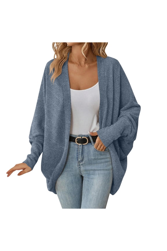 Knit Solid Cardigan for Women Batwing Long Sleeve Coat Loose Open Front Sweater Fall Winter Casual Outdoor Coats Today Blue,L