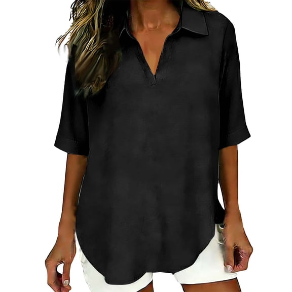BXINGOHAI Linen Tops for Women Short Sleeve Cotton Button V Neck Tunic Tops Casual Blouse Outfit Black 2XL