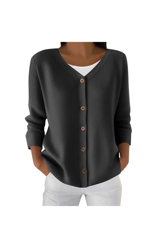 Long Sleeve Crewneck Button Down Womens Sweaters Fall Open Front Chunky Cardigan Sweaters for Women Black XL