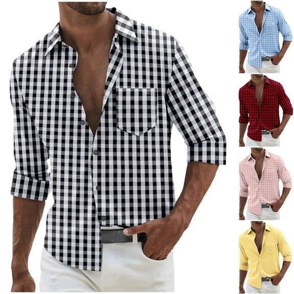 BXINGOHAI Long Sleeve Shirts for Men Plaid Button Down Shirt Casual Work Top with Pocket Red 2XL