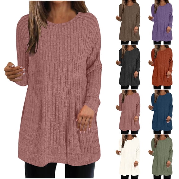 BXINGOHAI Long Sleeve Shirts for Women Fall Clothes Tunic Tops Loose Fit Dressy Crewneck Pullover Sweaters Curved Hem Green M