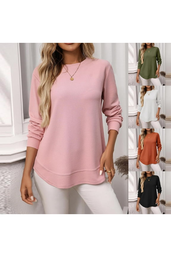 Long Sleeve Shirts for Women Waffle Knit Trendy Fashion Fall Tops Dressy Casual Blouses Tunic Tops Pink,S