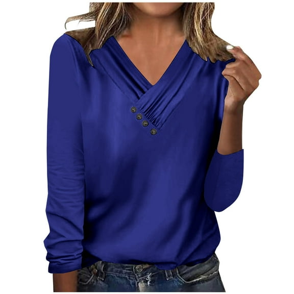 BXINGOHAI Long Sleeved Tops for Women Button V Neck Shirts Solid Basic Tunic Tops Loungwear Daily Tunic Tees Under $10 Blue,M