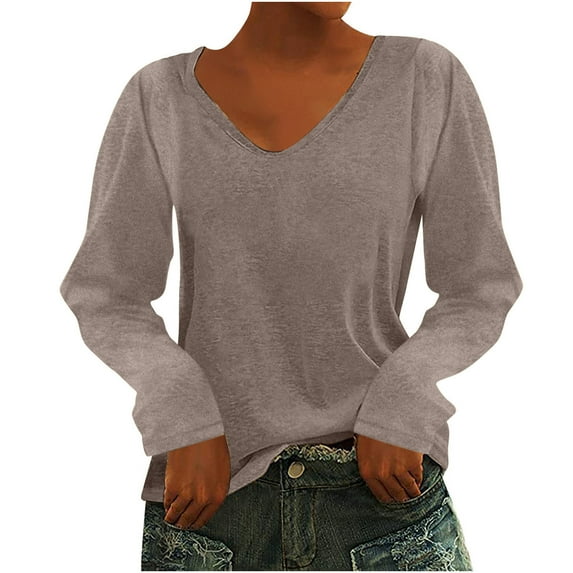 BXINGOHAI Long Sleeved Tops for Women Loose Fit V Neck Shirts Solid Basic Tunic Tops Loungwear Daily Tunic Tees Under $10 Brown,XXL