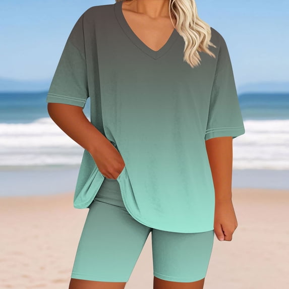 BXINGOHAI Lounge Set Women Pajama Set Short Sleeve Top and Shorts Set Two Piece Shorts Outfits Set Green L