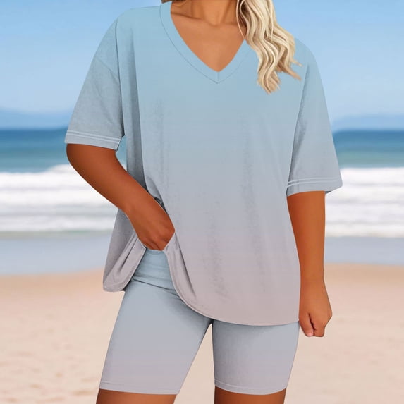 BXINGOHAI Lounge Set Women Pajama Set Short Sleeve Top and Shorts Set Two Piece Shorts Outfits Set Light Blue 5XL