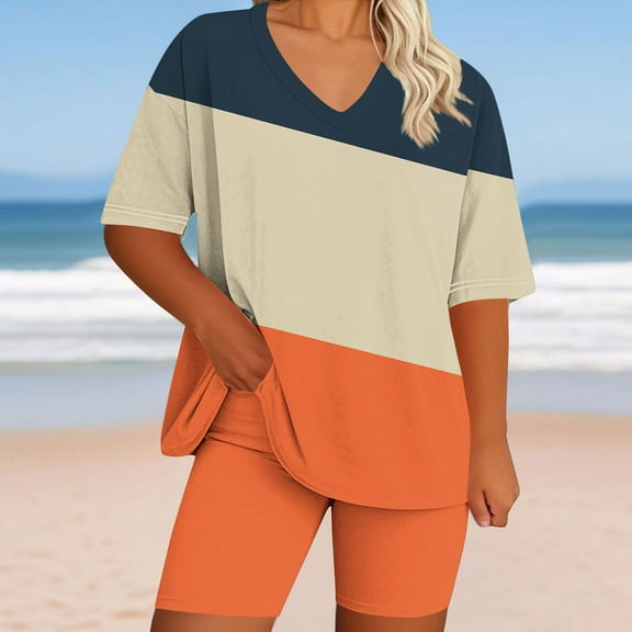 BXINGOHAI Lounge Set Women Pajama Set Short Sleeve Top and Shorts Set Two Piece Shorts Outfits Set Orange 2XL