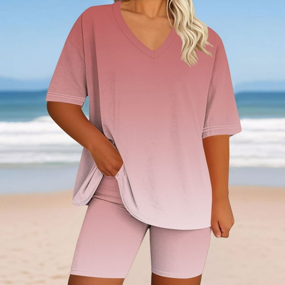 BXINGOHAI Lounge Set Women Pajama Set Short Sleeve Top and Shorts Set Two Piece Shorts Outfits Set Pink 2XL