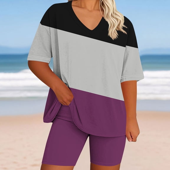 BXINGOHAI Lounge Set Women Pajama Set Short Sleeve Top and Shorts Set Two Piece Shorts Outfits Set Purple L