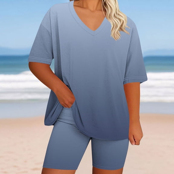 BXINGOHAI Lounge Set Women Pajama Set Short Sleeve Top and Shorts Set Two Piece Shorts Outfits Set Sky Blue L