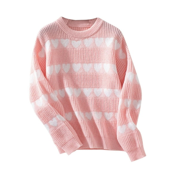 BXINGOHAI Love Stripes Prind Sweater for Women, Knitted Texture Loose Sweaters, Fall And Winter Fashion Long Sleeved Crewneck Pullover Clothes Today Pink,M
