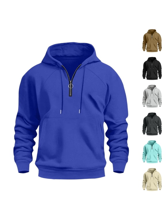 Men Quarter Zip Hoodie Fleece Lightweight Mens Half Zip Pullover Long Sleeve Drop Shoulder Hooded Sweatshirt Blue M