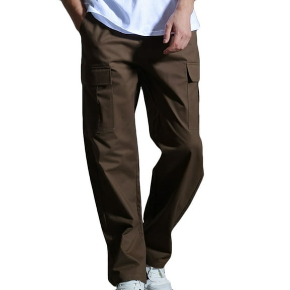 BXINGOHAI Men'S Casual Cotton Cargo Pants Comfy Breathable Workout Pants Outdoor Gym Jogging Pants Solid With Pocket Elastic Waist Pants Today Sales Brown,XL
