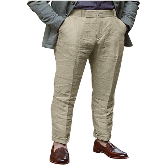 BXINGOHAI Men'S Casual Lightweight Pants Solid Color Slim Fit Loose Fit Long Pants With Pocket Comfy Button Zipper Straight Leg Trousers Khaki,M