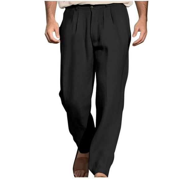 BXINGOHAI Men'S Casual Pleated Front Khaki Pants Lightweight Loose Fit Pants Solid Elastic Waist Straight Leg Trousers With Pocket Black,M