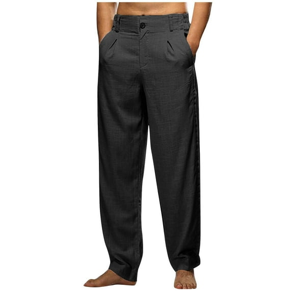 BXINGOHAI Men'S Linen Pleated Front Pants Casual Breathable Slim Fit Long Pants Comfy Elastic Waist With Pocket Button Zipper Trousers Today Deals Black,XXXL