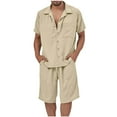 thumbnail image 1 of BXINGOHAI Men Summer Casual Short Sets Solid Short Sleeve Pocket Button Down Shirt Elastic Shorts 2 Piece Outfits Tracksuit Khaki,3XL, 1 of 5