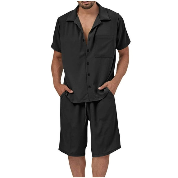 BXINGOHAI Men Summer Casual Short Sets Solid Short Sleeve Pocket Button Down Shirt Elastic Shorts 2 Piece Outfits Tracksuit Black,XL