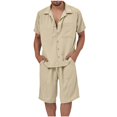 thumbnail image 1 of BXINGOHAI Men Summer Casual Short Sets Solid Short Sleeve Pocket Button Down Shirt Elastic Shorts 2 Piece Outfits Tracksuit Today Sales Khaki,M, 1 of 6