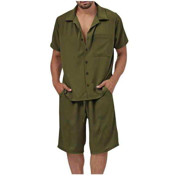 BXINGOHAI Men Summer Casual Short Sets Solid Short Sleeve Pocket Button Down Shirt Elastic Shorts 2 Piece Outfits Tracksuit Army Green,L