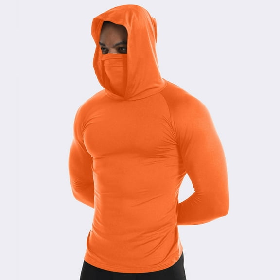 BXINGOHAI Men UPF 50  Sun Protection Breathable T Shirt Long Sleeve Workout T-Shirts with Hood Orange XL