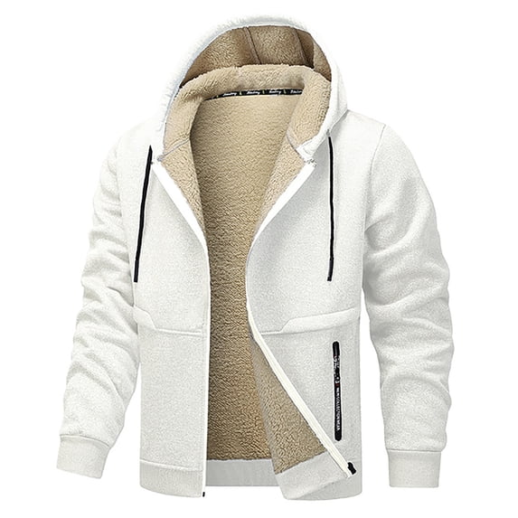 BXINGOHAI Men Zip Up Hoodies Sherpa Lined Jacket Heavyweight Fleece Sweatshirt Winter Warm Hooded Coat White S