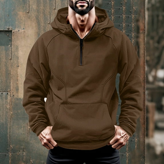 BXINGOHAI Men's 1/4 Zip Fashion Pullover Hoodie Athletic Workout Fit Cotton Hooed Sweatshirts Casual Long Sleeve with Pocket Brown 2XL