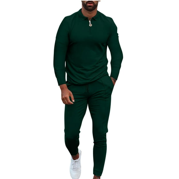 BXINGOHAI Men's 2 Piece Outfit Sets Quarter Zip Up Long Sleeve Lapel Shirts Drawstring Pants 2024 Solid Casual Outfits Army Green,XL