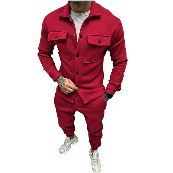 BXINGOHAI Men's 2 Piece Outfits Sets Fall Wintert Corduroy Long Sleeve Tracksuits Button Down Lapel Collar Outfit Casual Solid Color Set Today Sales Red,L