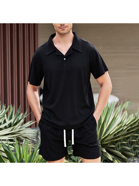 Men's 2 Piece Short Sets Outfits Summer Shirts and Shorts Casual Button Short Sleeve Fashion Shorts Tracksuit Set Black,2XL
