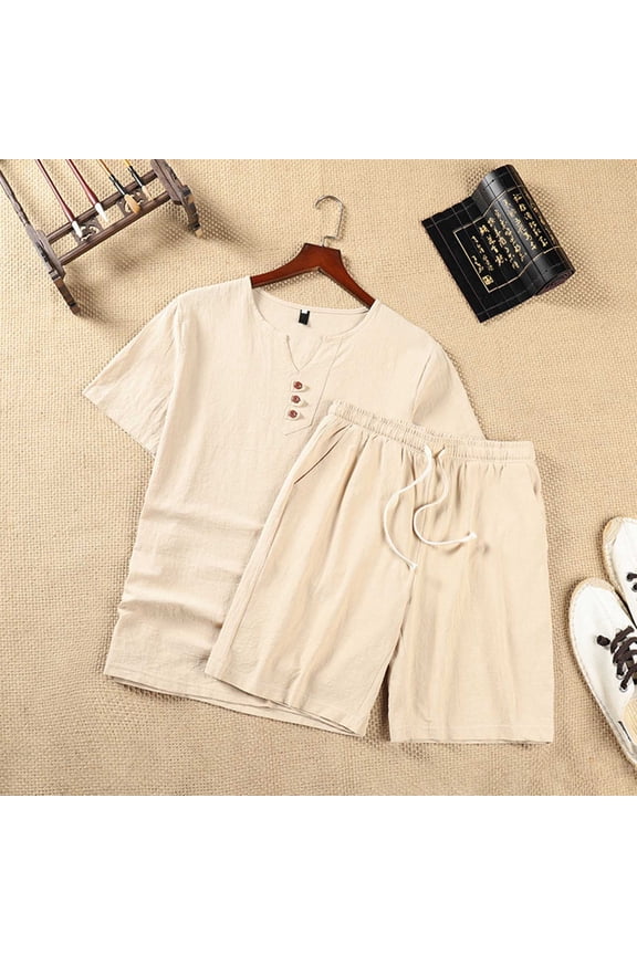 Men's 2 Pieces Linen Set Henley Shirt Short Sleeve and Shorts Summer Beach Yoga Matching Outfits Beige,M