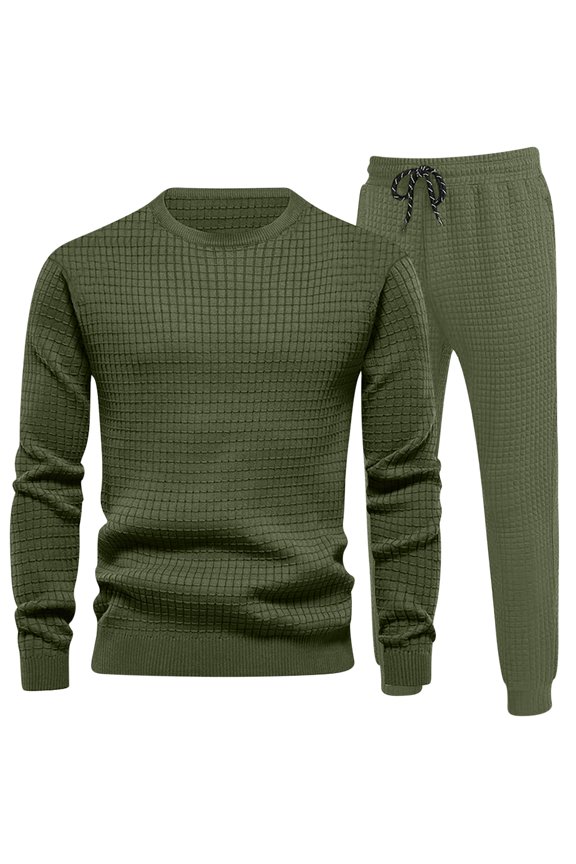 Men's 2 Pieces Outfit Sets Waffle Henley Tops Solid Crewneck Long Sleeve Pullover Shirts And Elastic Waist Pants Tracksuits Athletic Running Workout Set Today Army Green,L