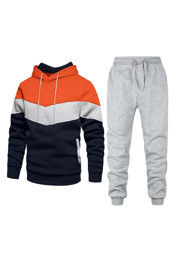 Men's 2 Pieces Sweatsuits Drawstring Color Block Hoodies Tracksuit Long Sleeve Sweatshirts and Elastic Waist Sweatpants Outdoor Jogging Workout Outfits Sale Orange,XXXL