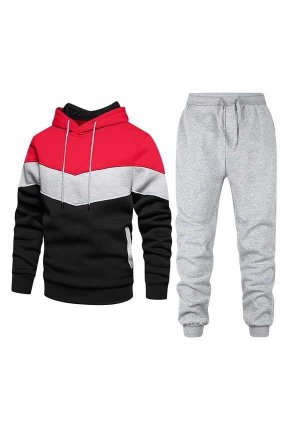 Men's 2 Pieces Sweatsuits Drawstring Color Block Hoodies Tracksuit Long Sleeve Sweatshirts and Elastic Waist Sweatpants Outdoor Jogging Workout Outfits Today Sales Red,M