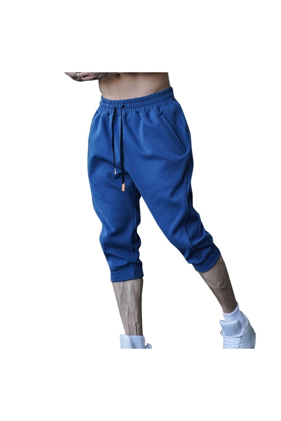 Men's 3/4 Joggers Capri Pants with Zipper Pockets Slim Fit Training Running Workout Capri Joggers Blue,M